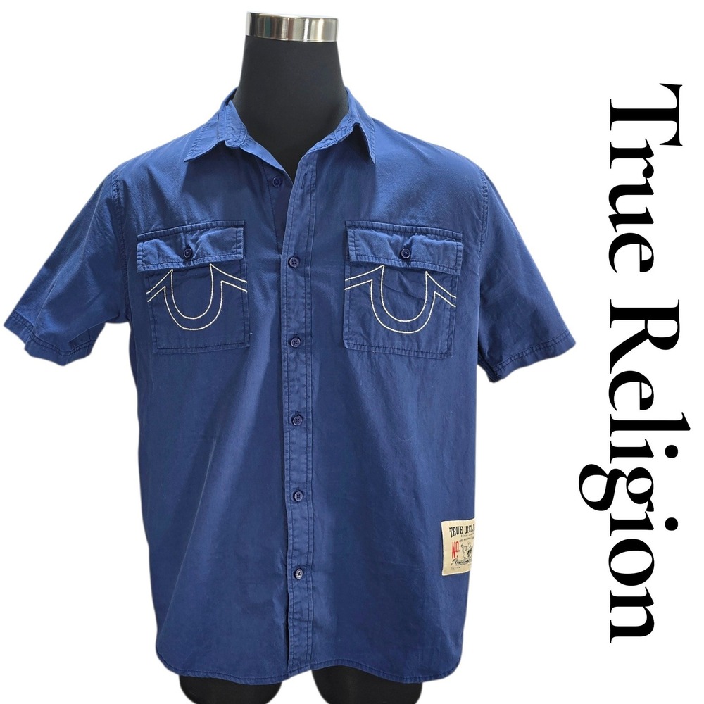 True Religion Shirt Mens Large Blue Cotton Short Sleeve Workwear Horseshoe Y2K